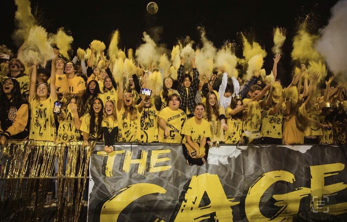 The Cage student section at a football game, wearing yellow and black gear, passionately cheering and throwing yellow powder in the air, creating a vibrant and energetic atmosphere.