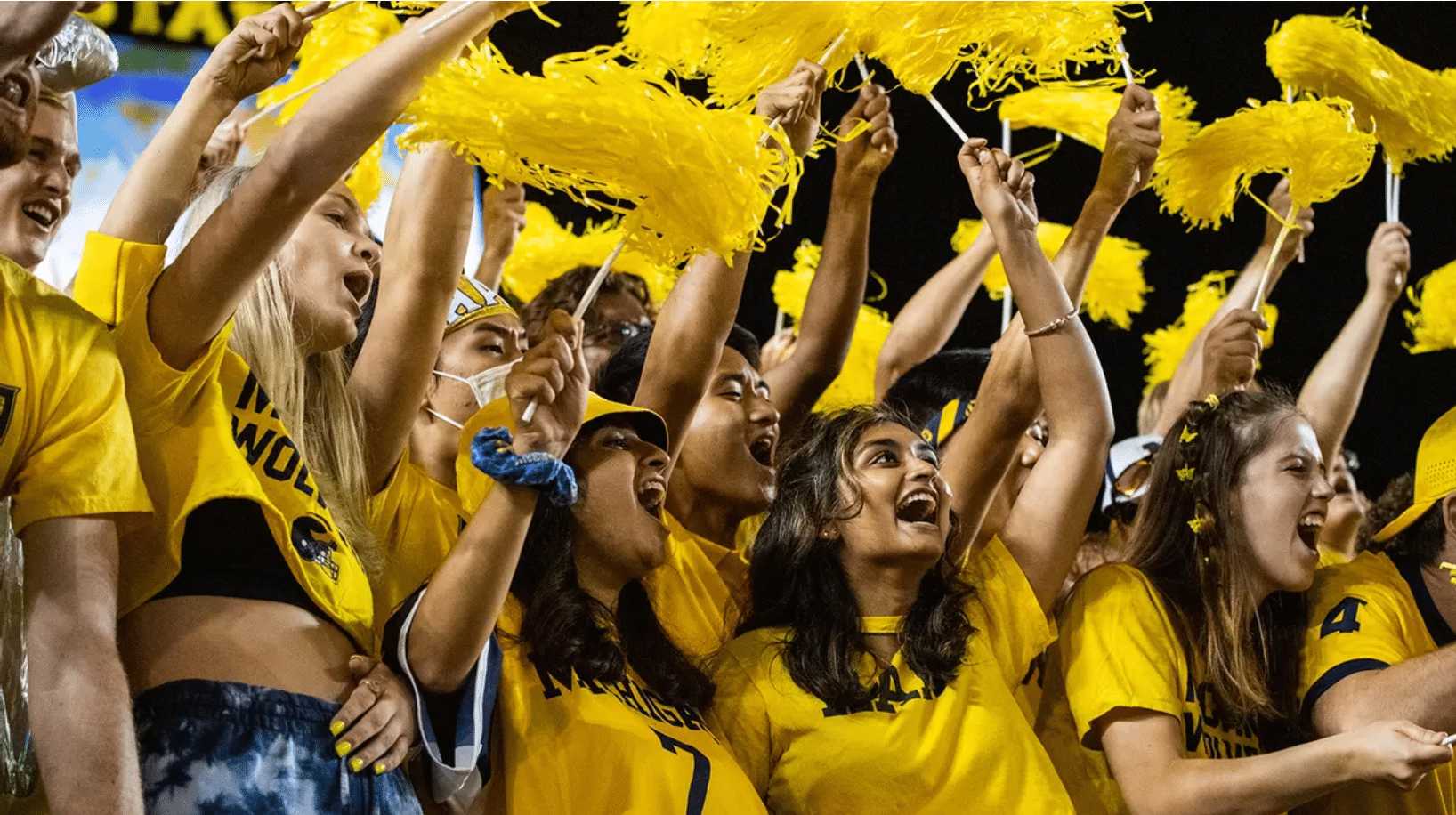 University of Michigan student section, the Wolverines, enthusiastically cheering at a game while wearing yellow and navy, showing their team spirit and pride.